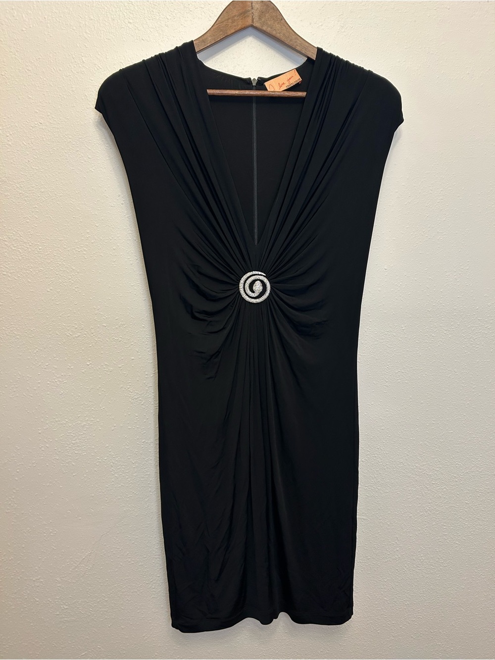 Roberto Cavalli Vintage Crystal Snake Brooch Draped Padded Shoulder Black Dress